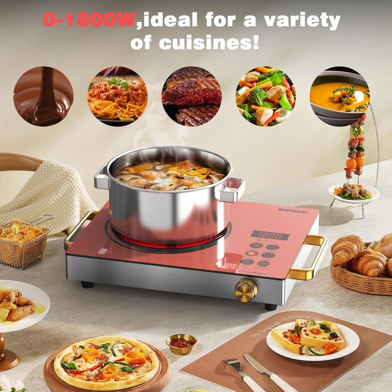 Karinear Portable Electric Stove 110V, 1800W Electric Hot Plate with Handle, Knob Control Single Burner Electri Cooktop, Ceramic Infrared Countertop Burner, Timer, Safety Lock(Pink) - Image 2